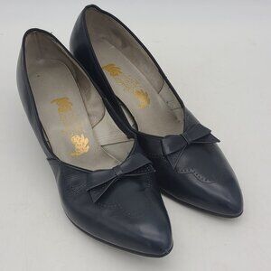 Vintage Leather Bow Paradise Kitten Heels Dark Blue Womens Size 9